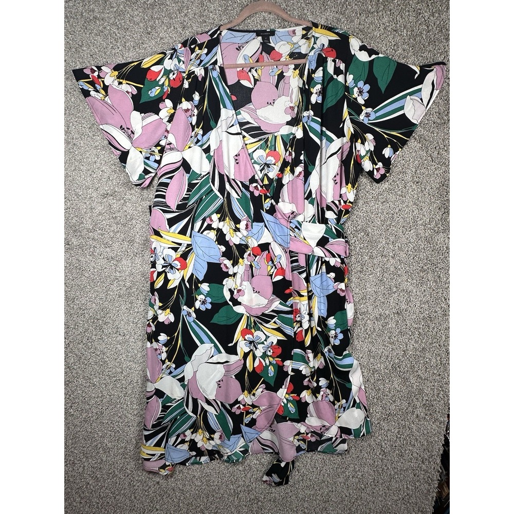 Halogen Floral Wrap Dress‎ XL Short Sleeve Tie Waist Black Multicolor